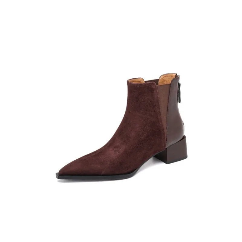 Autumn Winter Women Thick Heel Ankle Boots Elegant Back Zippers Shoes Modern Leather Suede Splicing Short Botas Para Mujer.