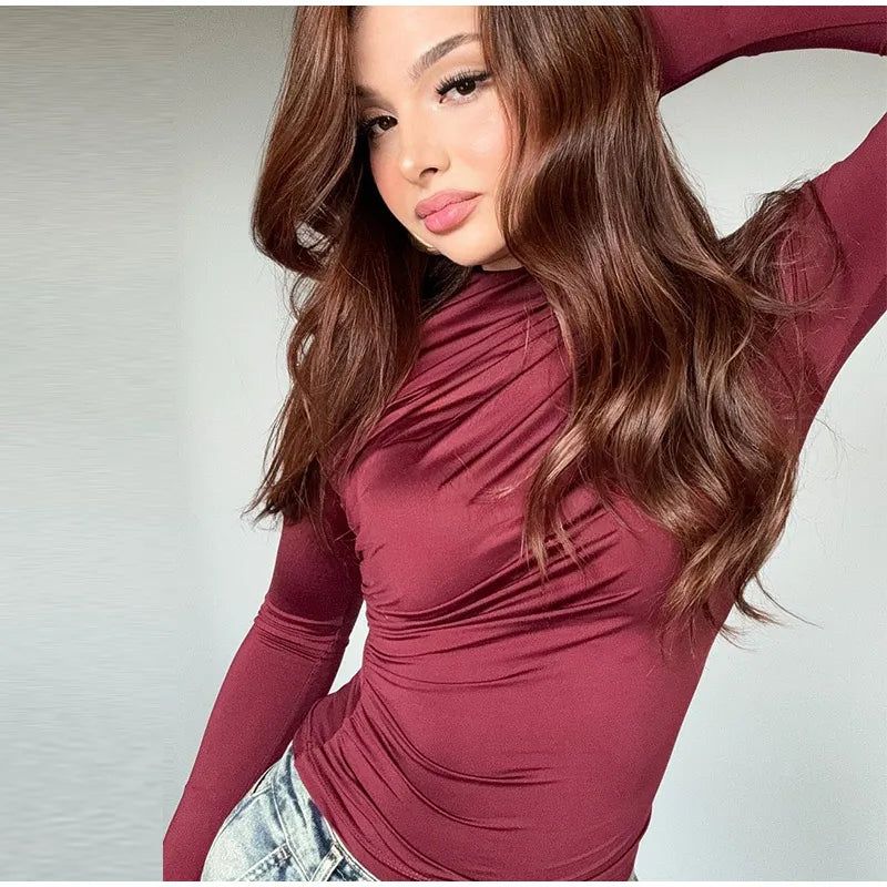 Women Tees Sexy Turtleneck Long Sleeve Pleated All-match Basic Lady T-shirts 2025 Spring Autumn Fashion Chic Female Streetwears.