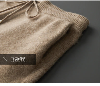 4PINK Thickened 100% Pure Cashmere Pants Men High Waist Knitted Wide Leg Pants Solid Color Lace Up Straight Pants Elastic Waist.