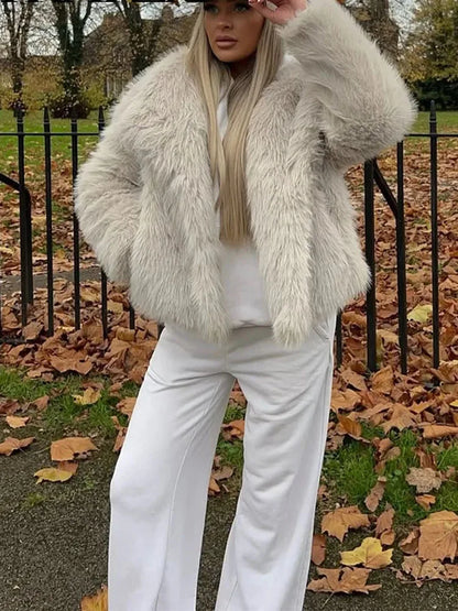 HH2025, Vintage Frauen Abgeschnitten Faux Pelz Jacke Lange Hülse Drehen-unten Kragen Weibliche Plüsch Wolle Mäntel Chic Dame pelz Oberbekleidung