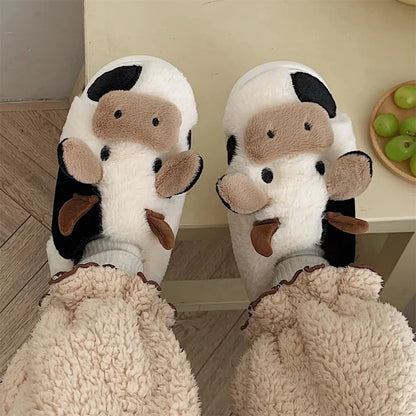 Shevalues Plush Cartoon Milk Cow Slippers Winter Women Slippers Furry Non-Slips Women Cotton Slides Couples Soft Cozy Flat Shoes.