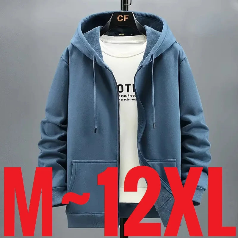 Big Size Hoodie Men Hood Long Sleeve Sweatshirt Male Zip-up Loose Cotton Fleece-lined Casual Top Zipper Large Fat Plus 10XL 12XL.