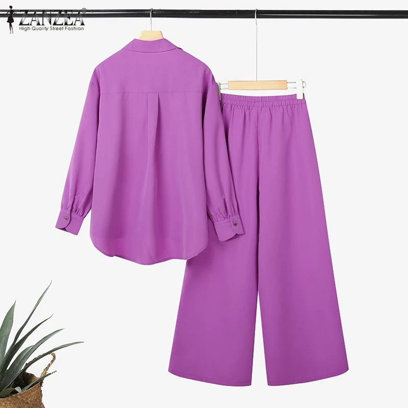 2025 ZANZEA Fashion Lapel Long Sleeve Tops Pant Suit Autumn 2 Piece Sets Women Outfits Office Pant Sets Casual Work OL Tracksuit.