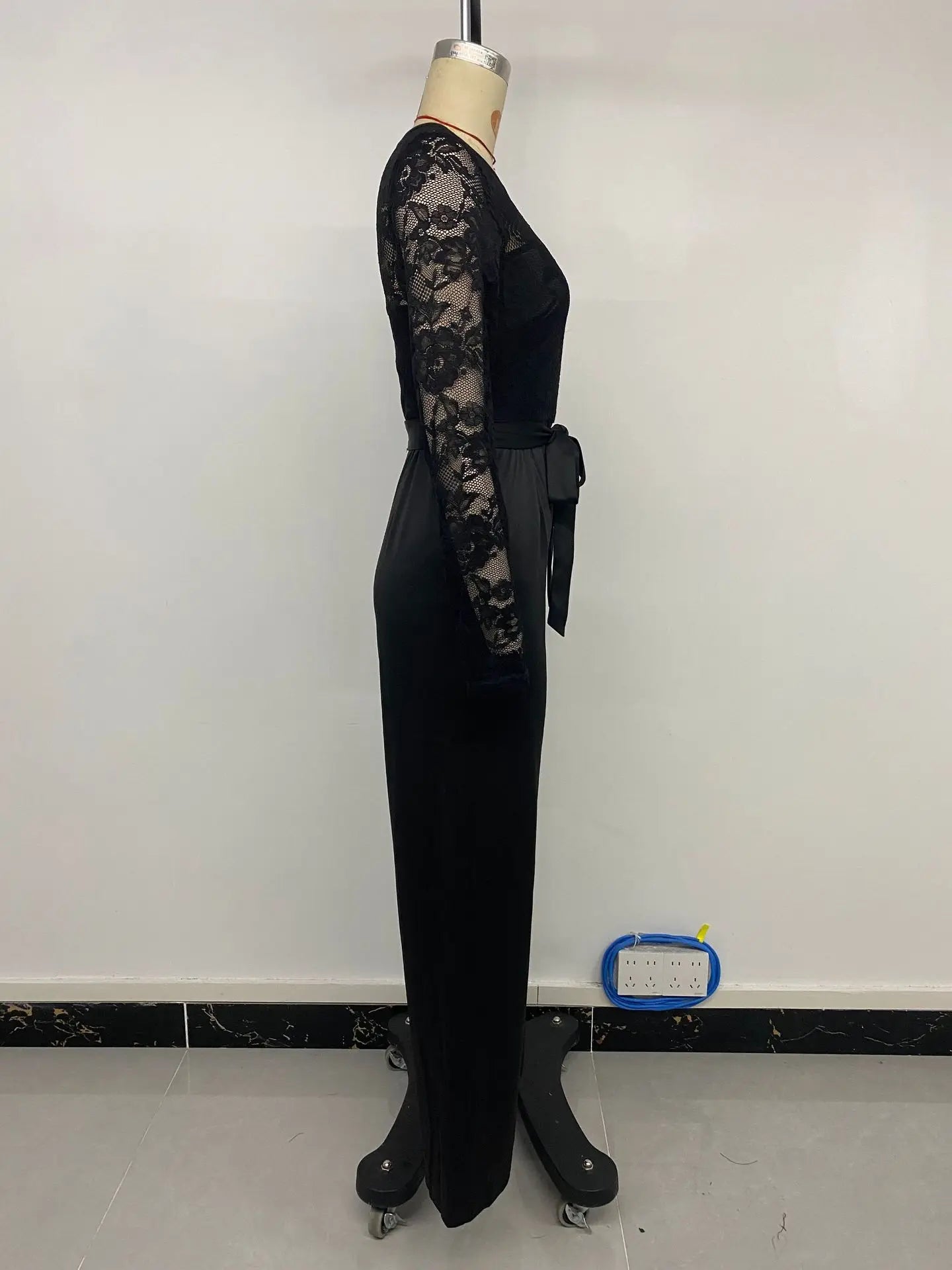 Woman Black Lace Sleeve Jumpsuit Round Neck Belted Waist Ideal for Evening Parties and Cocktail Events