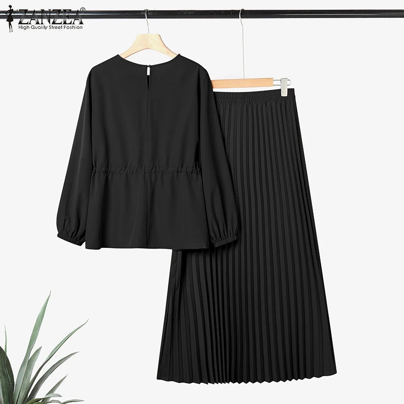 ZANZEA Elegant Women Autumn 2 Piece Sets Muslim Tracksuits Fashion Long Sleeve Tops Pleated Maxi Skirts Suit 2PCS Work Outfits.