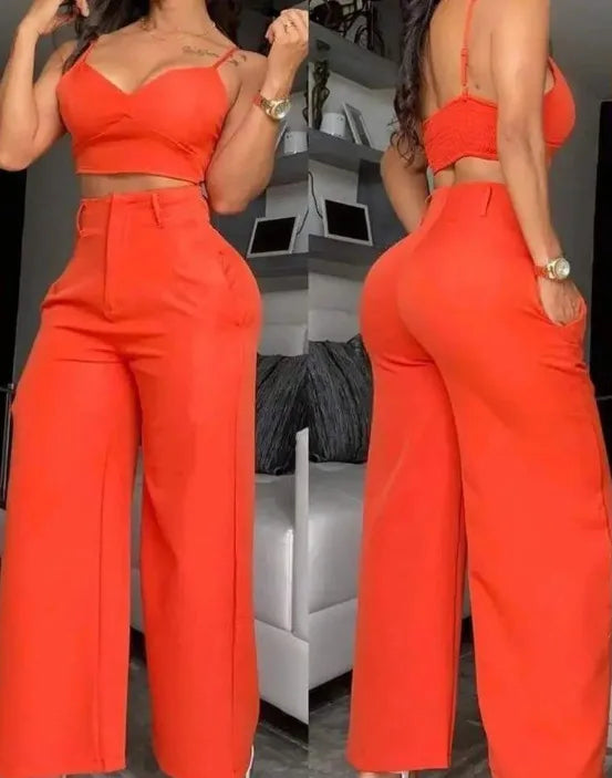 Summer Sexy 2 Piece Set Women V-Neck Strap Shirred Slim Crop Top & Lace-up Wide Leg Pants Sets Elegant Holiday Lady Suit.