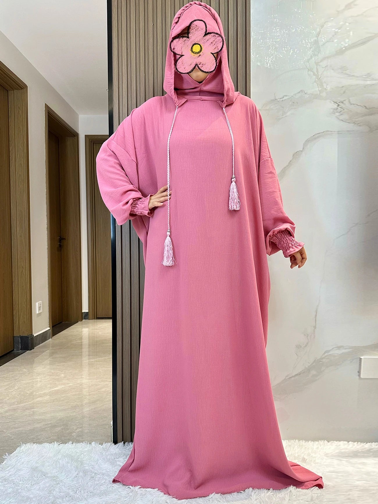 Muslim Abaya Solid Cotton Pullover Two Hat Women Eid Hooded Long Maxi Dress Turkey Kaftan Arab Robe Islamic Hijab Dubai Clothing.