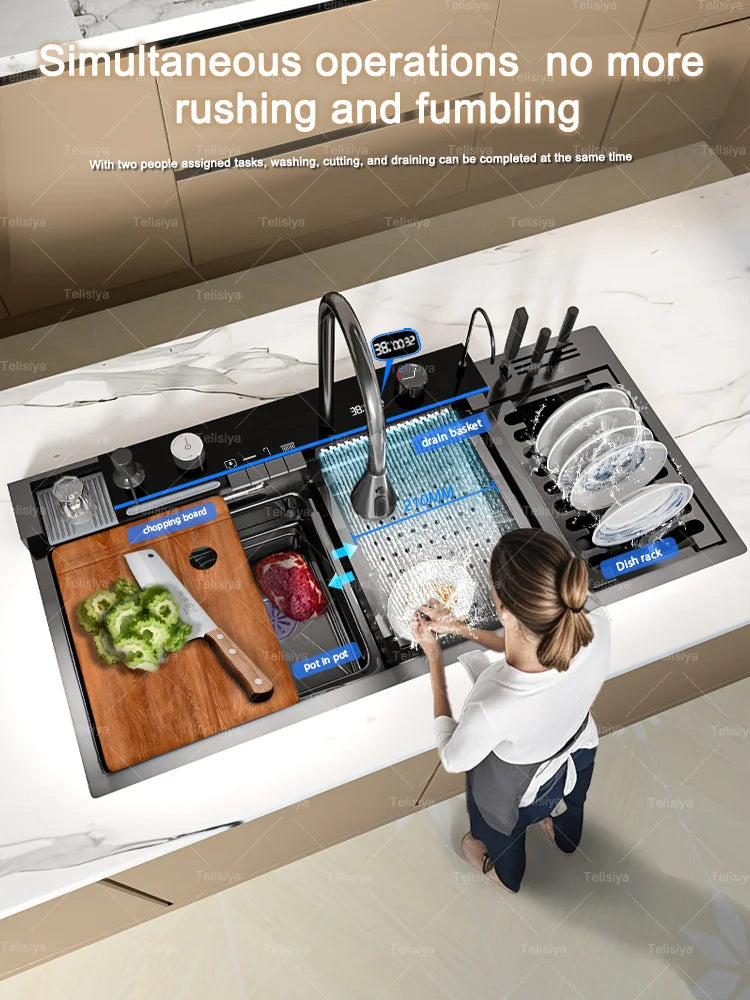Stainless Steel Kitchen Sink Multifunctional Digital Display Dishwash Sinks Waterfall Large Single Slot Wash Vegetables Basin