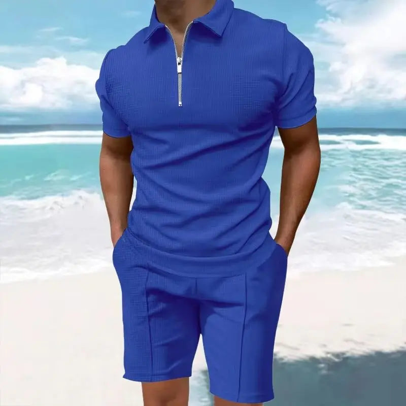 Men's Comfortable Short-Sleeved Waffle Polo Shirt And Shorts Set - Breathable Lightweight Spring/Summer Clothing.