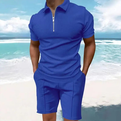 Men's Comfortable Short-Sleeved Waffle Polo Shirt And Shorts Set - Breathable Lightweight Spring/Summer Clothing.