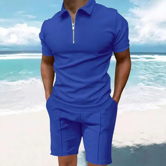 Men's Comfortable Short-Sleeved Waffle Polo Shirt And Shorts Set - Breathable Lightweight Spring/Summer Clothing.