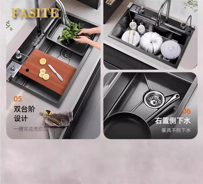 5.0 Thickened Whale Honeycomb Sink Feiyu Waterfall 304 Stainless Steel Handmade Digital Display Single Sink Household Kitchen