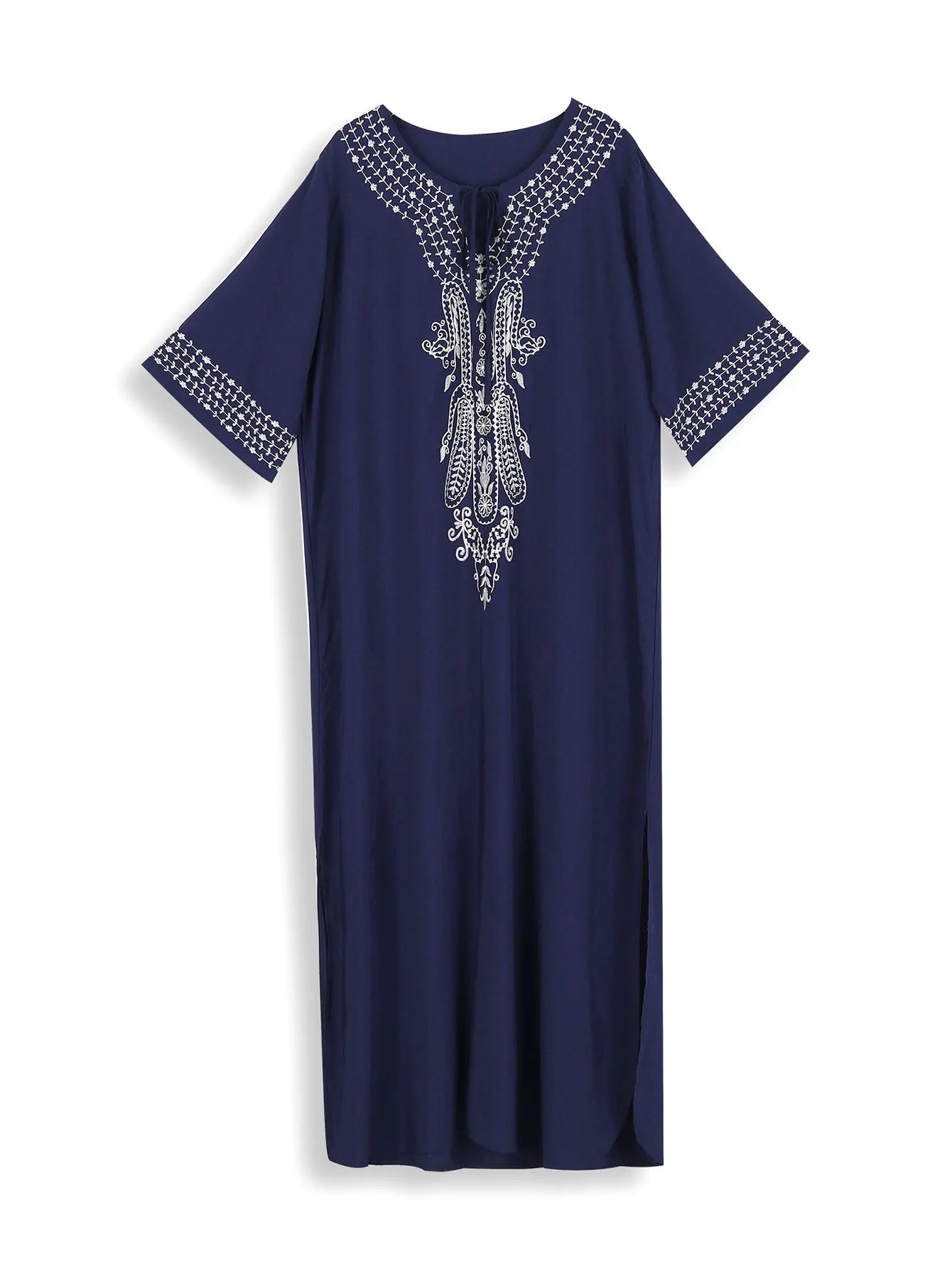 2025 Indie Folk Schnürung V-Ausschnitt Fledermausärmel Sommer Strandkleid Tunika Damen Beachwear Kaftan Maxikleid Robe Sarong Q775.