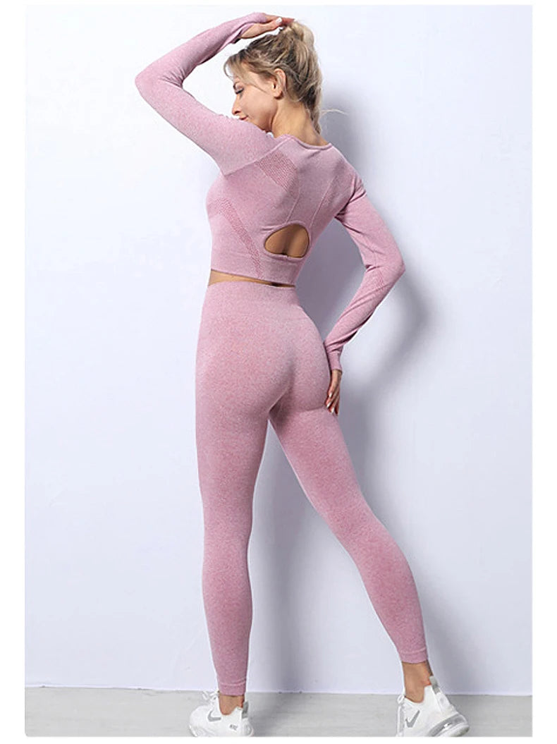 Women Yoga 2 Pieces Workout Outfits Seamless High Waist Leggings Sports Crop Top Running Clothes Sets.