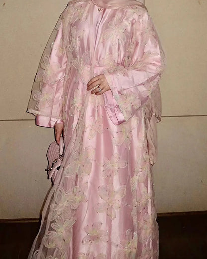 Eid Pink Embroidery Abayas for Women Muslim Dress Dubai Open Abaya Turkey Kaftan Kebaya Kimono Cardigan Islam Clothing Jalabiya.