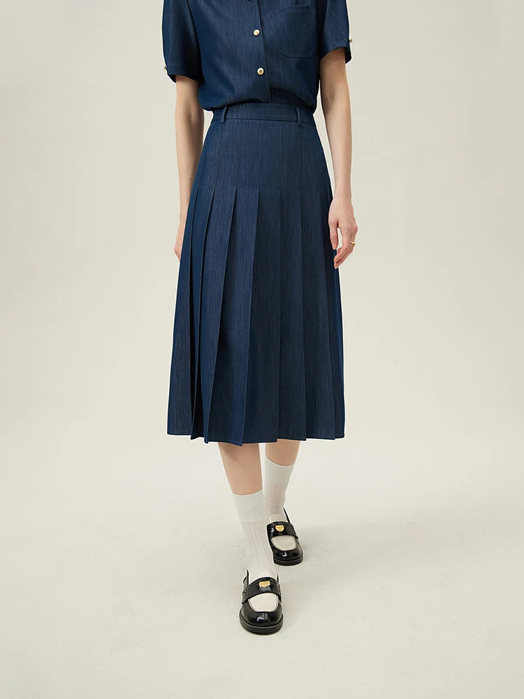 FSLE 2025 New Arrival Women Zipper Waist Office Lady Elegant Grey Skirt Pleated Design Navy Blue Color Long Skirt Daily Outfits