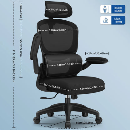 AUTHMIC Ergonomischer Bürostuhl -135 °   Liege- und höhenverstellbarer Sitz, klappbare Armlehnen, verstellbare Kopfstütze, Heimbürostuhl