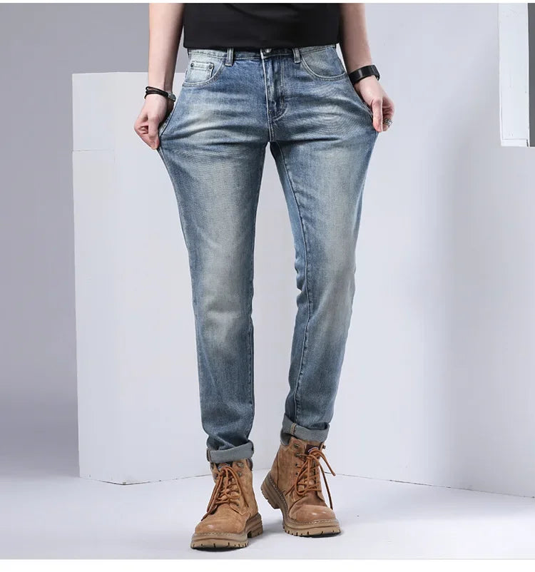 2024 Men's Fashionable Simple Stretch Slim Fit Denim Trousers European Style High Quality Casual Export Men Pants.