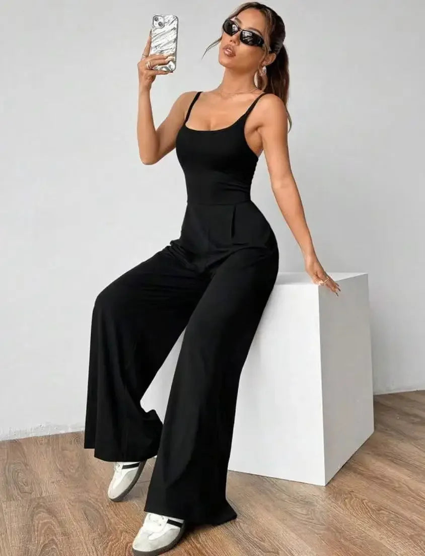 Fashionable Solid Color High Waist Bell Bottom Jumpsuit Backless Strap Casual Women's Long Pants One Piece Suit Female.