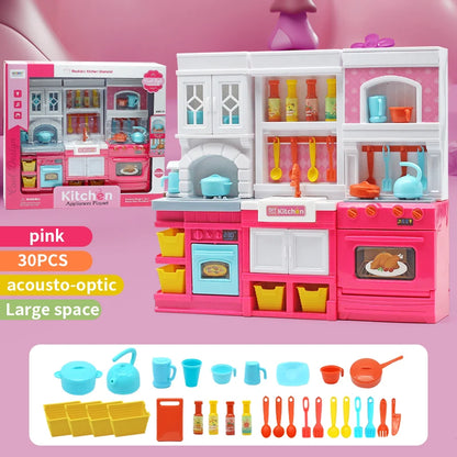 DIY Kid Play House Simulation Kitchen Pretend Toys Kitchenware Lighting and Sounds Cooking Game Set Children Fun Educational Toy.