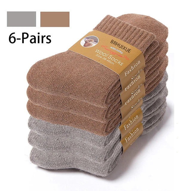 6 Pairs Winter Wool Socks Male Men's Socks Super Thicker Solid Socks Merino Plush Women's Socks Against Cold Snow Terry Socks