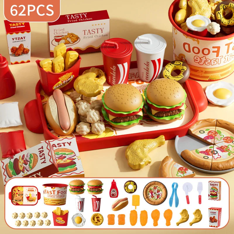 Kid Kitchen Toy Set Simulation Make Hamburger Pizza Fries Pretend Play Food Cooking Cutting Game Montessori Interactive Toy Gift.