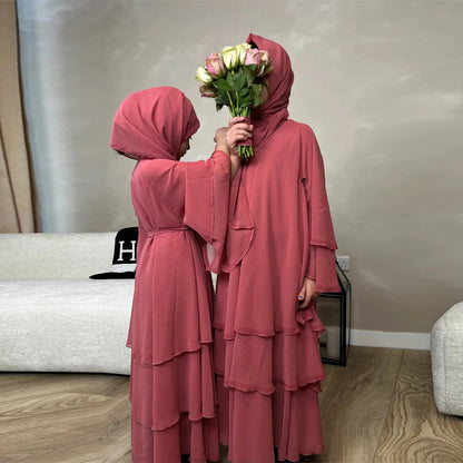 Summer Modest Kaftan Hijab Dresses For Women Kids Open Chiffon Khimar Kimono Abaya Dubai Luxury Muslim Sets Islam Kebaya Damen.