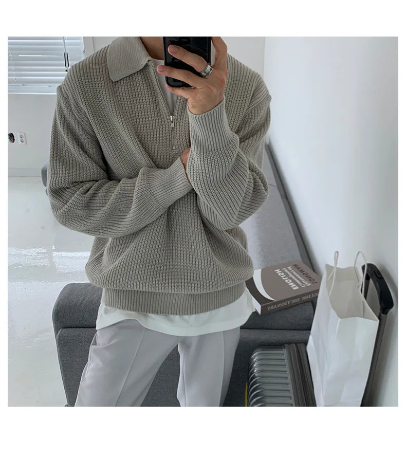 Half Zipper Sweater Men's Autumn and Winter Japanese Retro Korean Lapel Sweater Loose Casual Thread Trend.