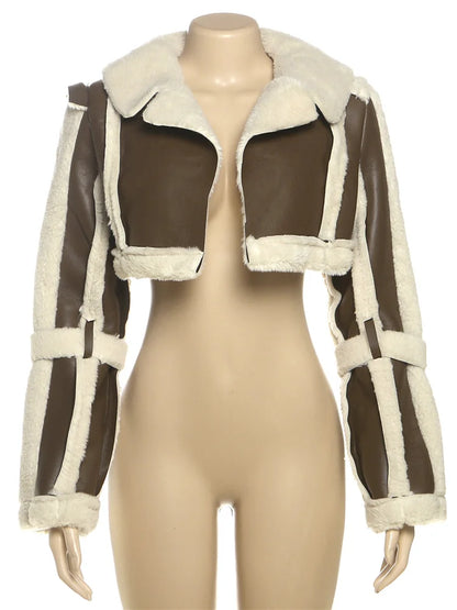 Weird Puss Furry Patchwork Women Crop Jacket Hipster Full Sleeve Open Stitch Hipster Streetwear Warm Outwear Basic Wild Coat.