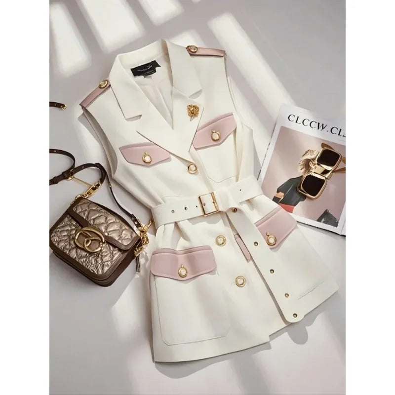 Frühling Sommer Jacke Weste Farbe Block Kaffee Ärmellose Blazer Weste Retro Weibliche Oberbekleidung Alle-spiel Mode Büro Dame.