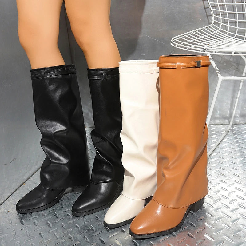 Fashion Wide Leg Knee High Boots Women Autumn Winter Slip On High Heels Pants Boots Woman Pu Leather Long Botas Plus Size 36-43.