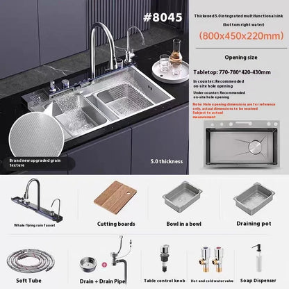 Silver Waterfalls Stainless Steel Kitchen Sink Multifunction Intelligent Digital Display Temperature Household Large Single Slot