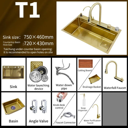 Waterfall Kitchen Sink Gold 304 Stainless Steel Modern Multifuctional Large Sink  Above Counter Apron Front Installation