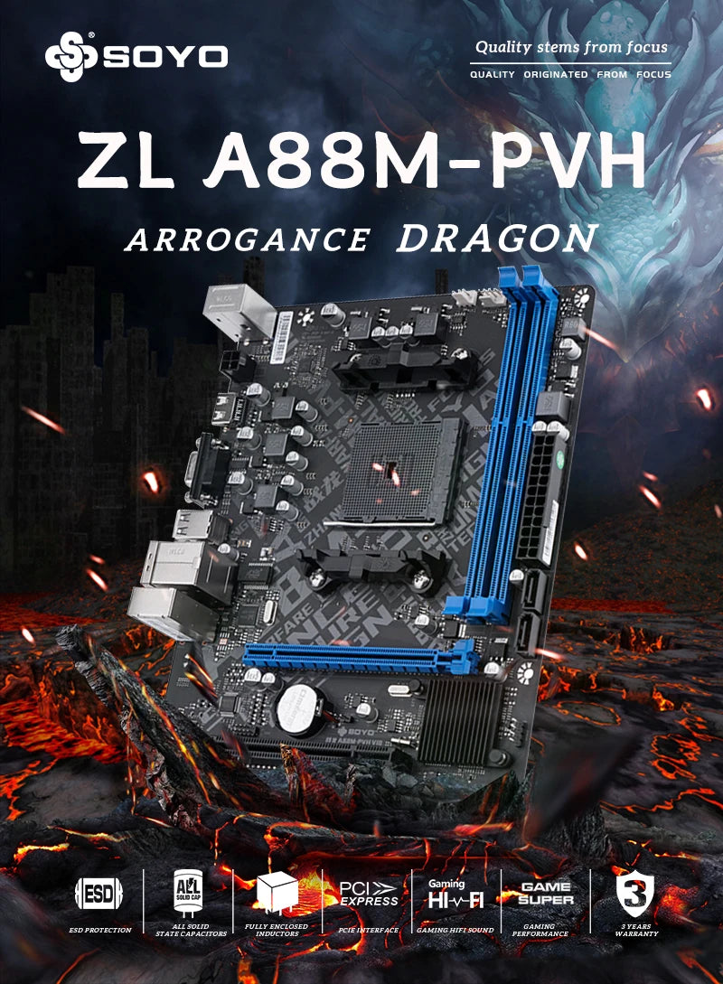 SOYO A88M Motherboard set with A8-7650K CPU DDR3 16G [8GB*2] Computer components Game Mainboard SATA3 AMD CPU FM2+/FM2 Processor.