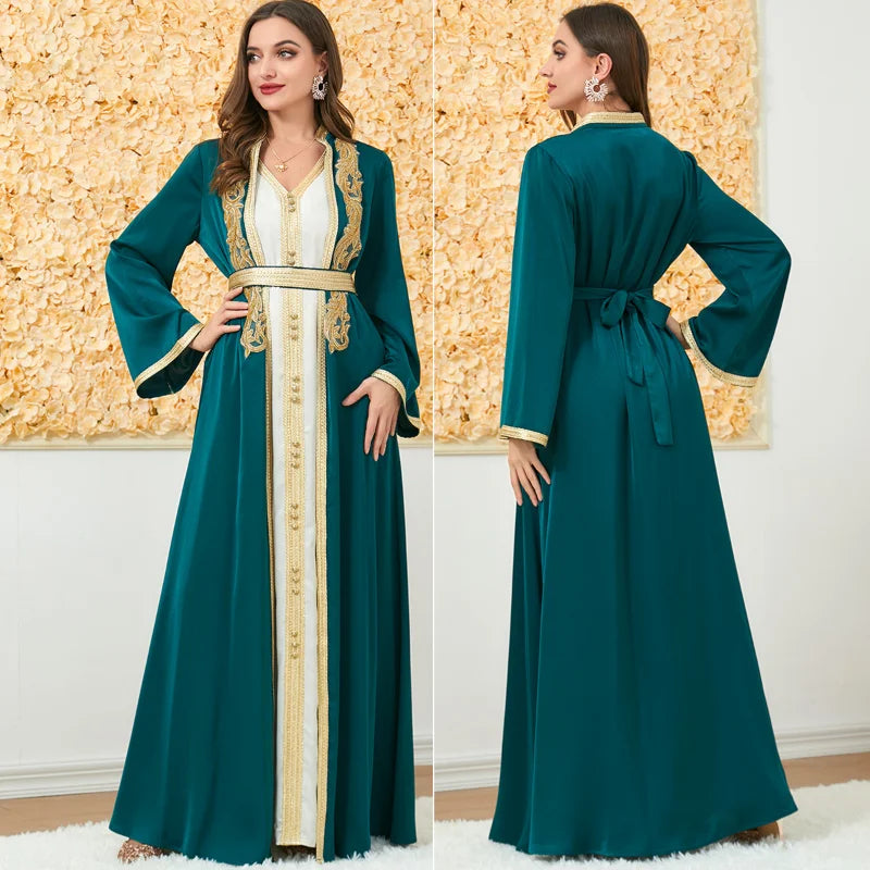 Maßgeschneiderte muslimische Sets, elegante muslimische Frauen, Sommer, langärmelig, V-Ausschnitt, Polyester, lila, 2-teiliges Kleid, Mantel, passende Sets, Muslim.