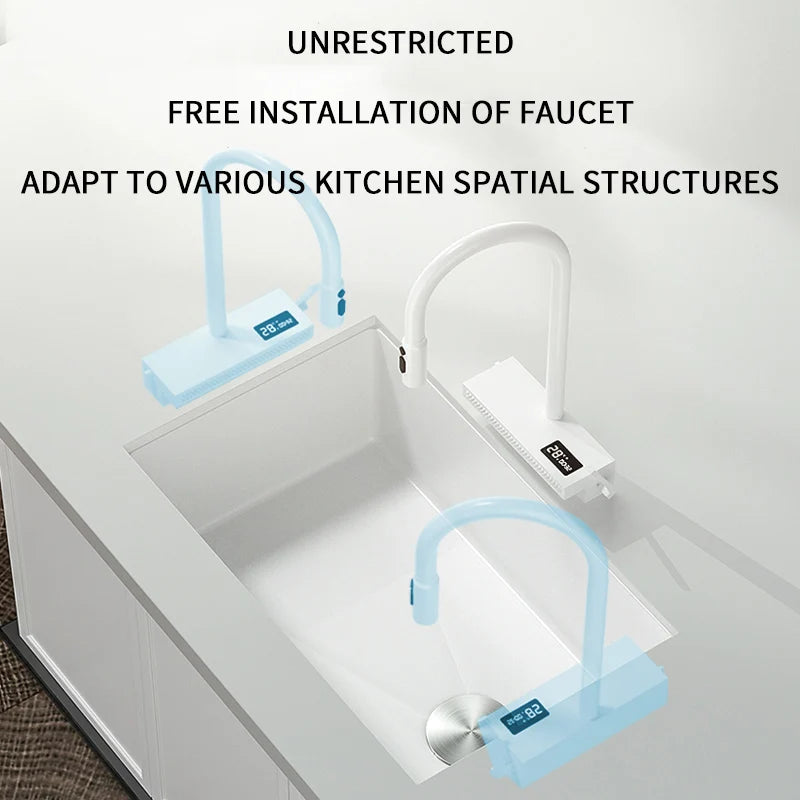 White Stainless Steel Kitchen Sink with Digital Display Multifunction Waterfall Faucet large Wash Basin for Kitchen Accessories