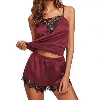 2 Stück sexy Pyjama Set Frauen sexy Spitze Patchwork Satin Seide Spaghetti träger Top heiße Shorts Pyjama Frauen Nachtwäsche Femme Pyjamas