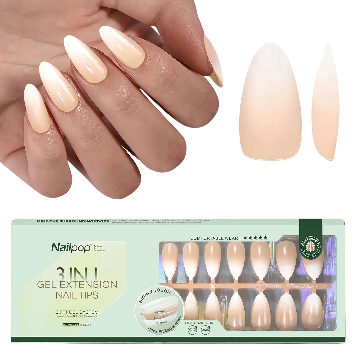 NAILPOP 150Pcs 4 in 1 Ombre Gel Nail Tips White Gradient Soft Gel False Nail Tips Soak Off Fake Nails Extensions DIY 15 Sizes.