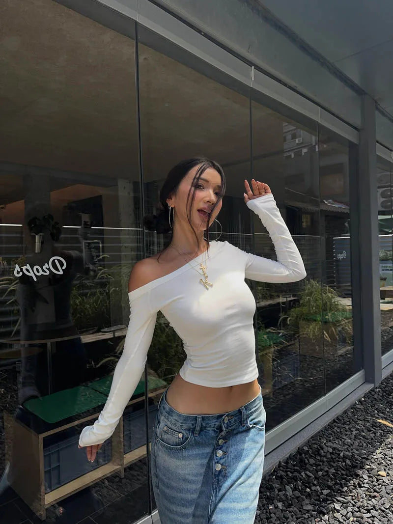 Women's One Shoulder Long Sleeve Fitted Top Elegant Casual Style.