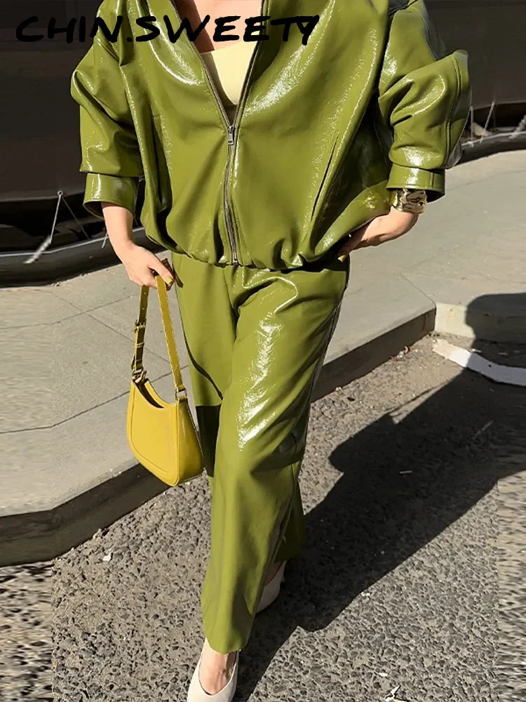 Stylish Leather Solid Jacket Pants Set Women Stand Collar Zipper Coat Loose Trousers Sets Female 2025 Autumn Fashion Streetwears.
