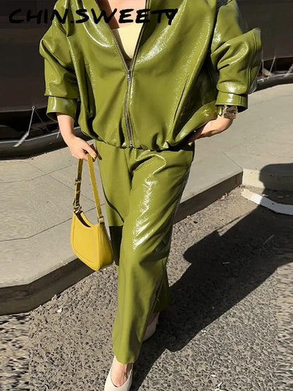 Stylish Leather Solid Jacket Pants Set Women Stand Collar Zipper Coat Loose Trousers Sets Female 2025 Autumn Fashion Streetwears.