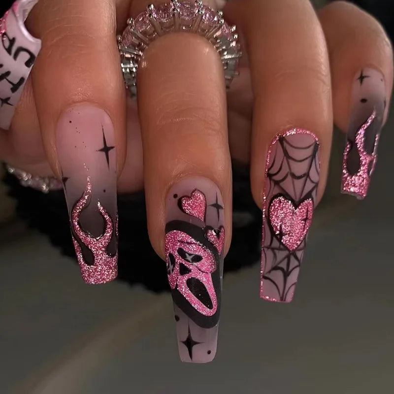 24pcs Glitter Pink Sequins Fake Nails 2025 Halloween Scary Skull Love Print False Nails Wearable European Ballet Press on Nails.