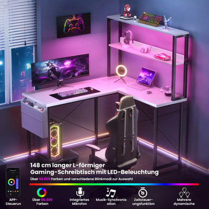 Weißer L-förmiger Schreibtisch mit LED Beleuchtung Doppelregal USB Steckdosen Gaming und Arbeitstisch