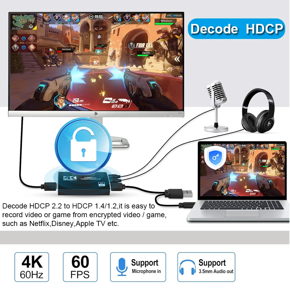 4K USB 3.0 Video Capture Card HDMI Bypass HDCP 1080P 60Hz HD Video Recorder Grabber For PS5 OBS Game Recording Live Streaming.