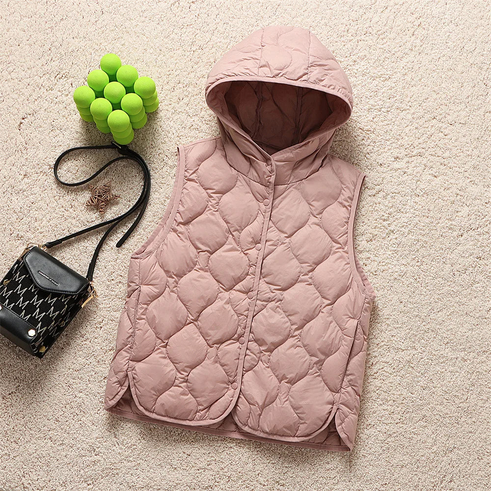 2024 neue Ankünfte Frauen Mode Ultraleicht Dünne Mit Kapuze Unten Jacken Frühling Winter Weiblichen Koreanischen Slim Fit Ärmellose Puffer Mantel