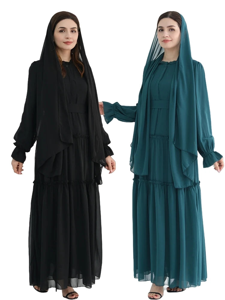 Ramadan Eid Chiffon Muslim Modest Khimar Abaya Set Dubai Turkey Islam Dress Abayas For Women Kebaya Kaftan Robe Femme Musulmane.