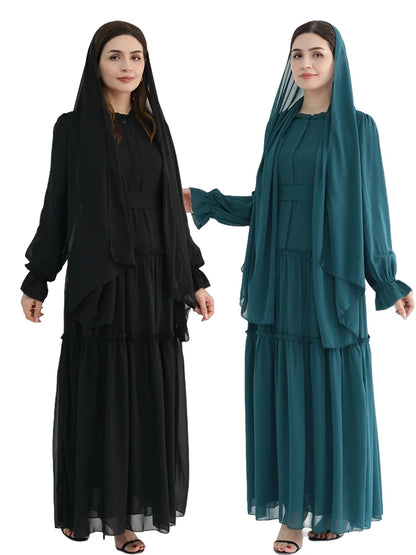 Ramadan Eid Chiffon Muslim Modest Khimar Abaya Set Dubai Turkey Islam Dress Abayas For Women Kebaya Kaftan Robe Femme Musulmane.