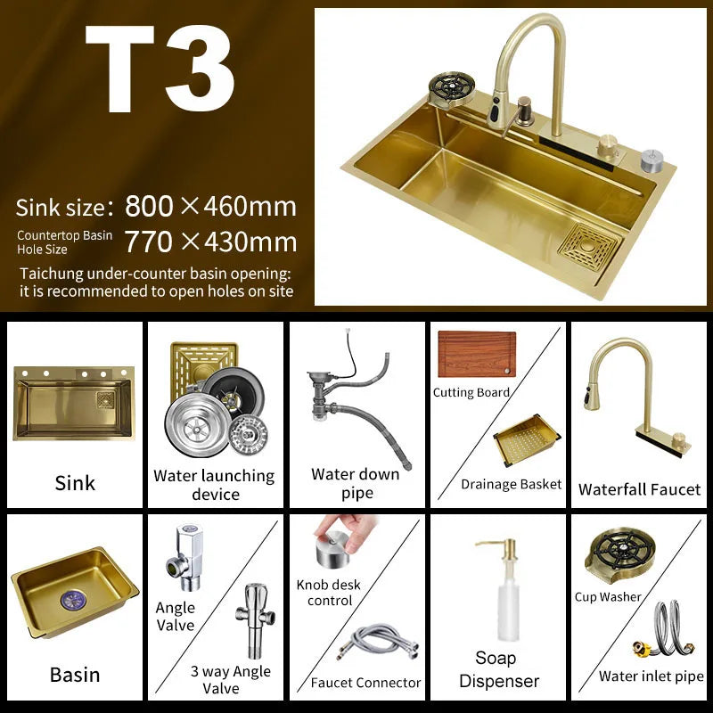 YCRAYS Golden Nano Multifunctional Kitchen Sink 4 Mode Waterfall Faucet Large Single Bowl Soap Dispenser Pure Tap Cup Washer