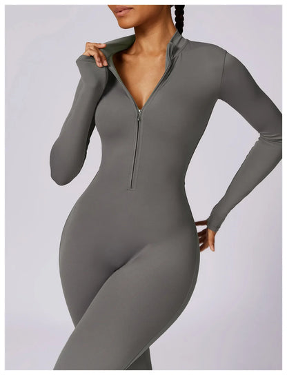 Zipper Sensation Long Sleeve Yoga Suit High Intensity Fitness Sports Bodysuit Tight Fit Clothing 8306 One Piece Suit.