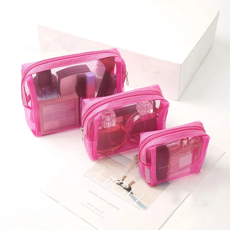 3Pcs/Set Small Large Cosmetic Bags Simple Mesh Storage Toiletry Bag PWomen Female Lightweight Transparent Makeup Bag with Zipper.